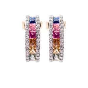 Aretes Oro Amarillo 14k, Estilo Media Arracada con Diamantes y Piedras Semi Preciosas 1068MSE4YXA31M