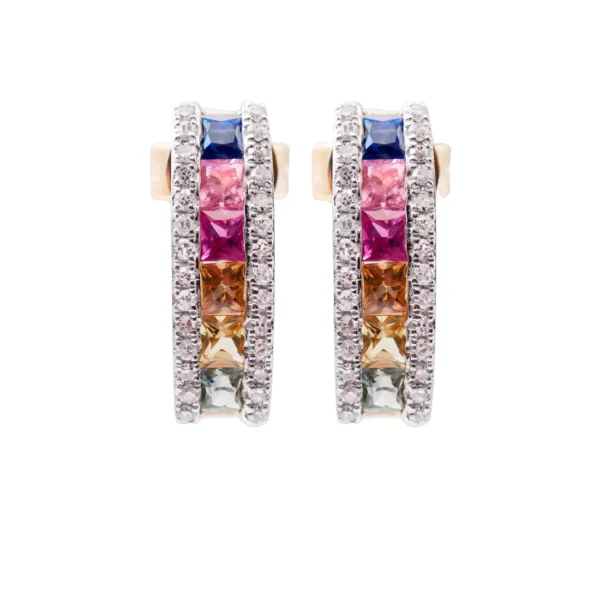 Aretes Oro Amarillo 14k, Estilo Media Arracada con Diamantes y Piedras Semi Preciosas 1068MSE4YXA31M