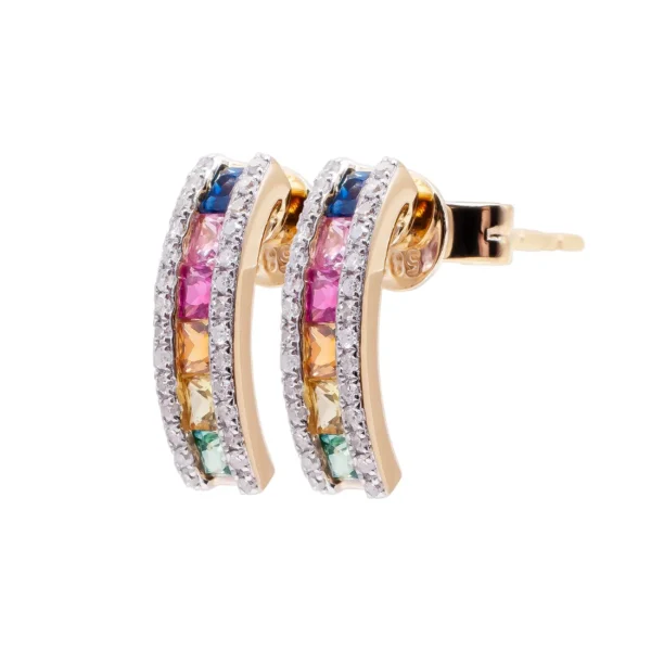Aretes Oro Amarillo 14k, Estilo Media Arracada con Diamantes y Piedras Semi Preciosas 1068MSE4YXA31M