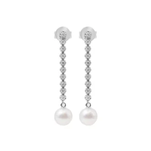 Aretes Largos Oro Blanco 14k, con Diamantes y Perla 15295PFE4WNA1M