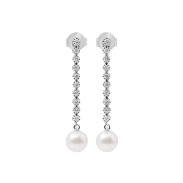 Aretes Largos Oro Blanco 14k, con Diamantes y Perla 15295PFE4WNA1M