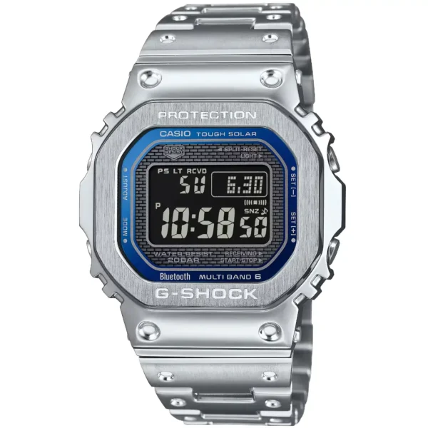 Agregue un toque de color a su estilo clásico, un G-SHOCK completamente metálico con detalles brillantes en el dial azul. Entre el marco y la carcasa se instalaron componentes amortiguadores fabricados en resina fina, con una estructura de tres puntas que dispersa los golpes hacia los tubos de conexión de la correa, para ofrecer toda la resistencia a los golpes de un G-SHOCK en un reloj totalmente metálico. Además, la parte posterior de la carcasa está atornillada para garantizar un cierre hermético.